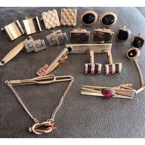 Vintage Mens Gold Tone Cufflink Tie Bar Lot Swank Anson MCM Modern